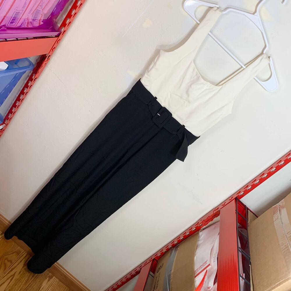 Express Two-Tone Sleeveless Belted Jumpsuit in Ivory and Black
